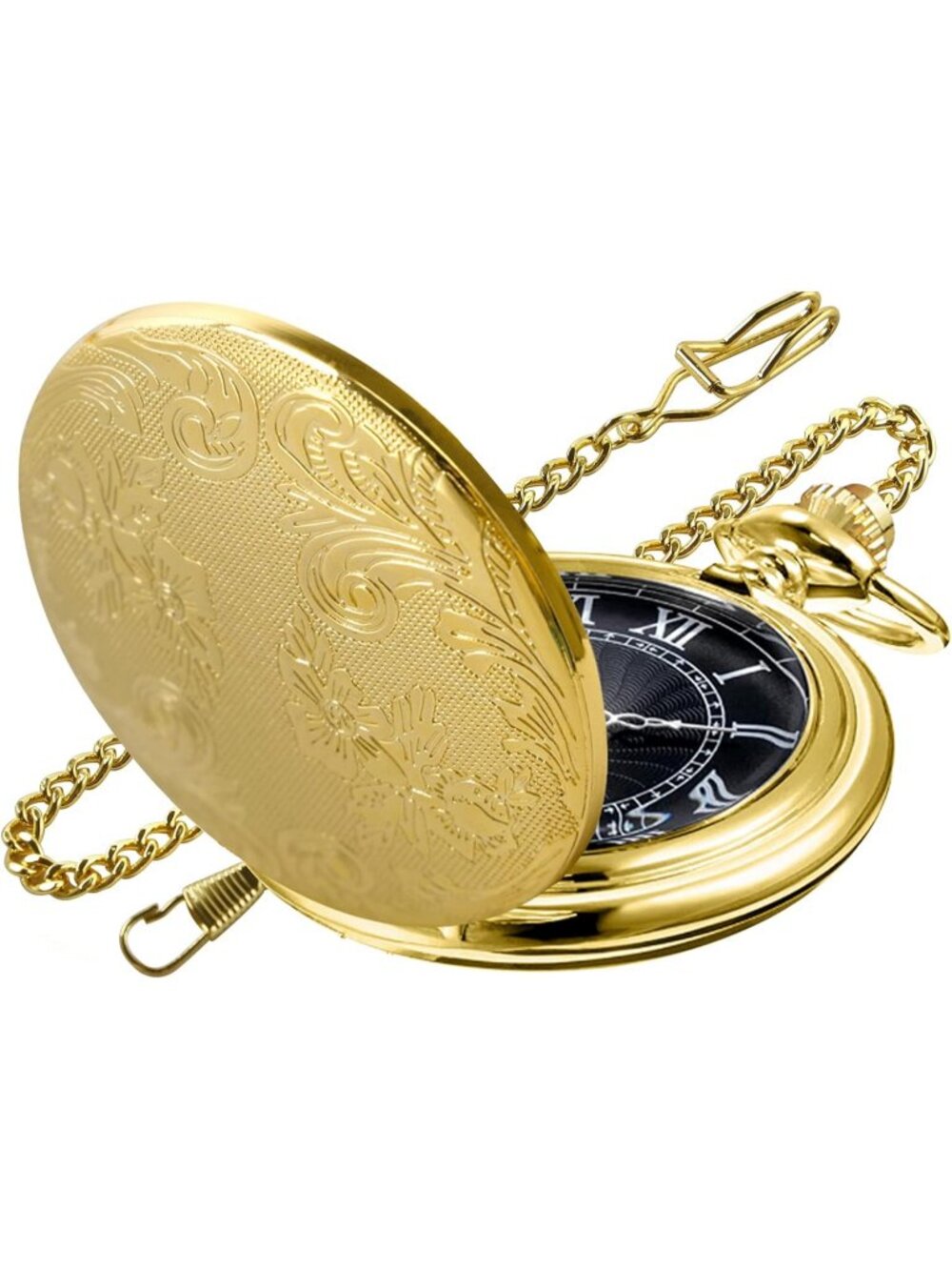 Men's All Gold Analog Quartz Flower Arabic Numerals Movement Chain Pocket Watch
